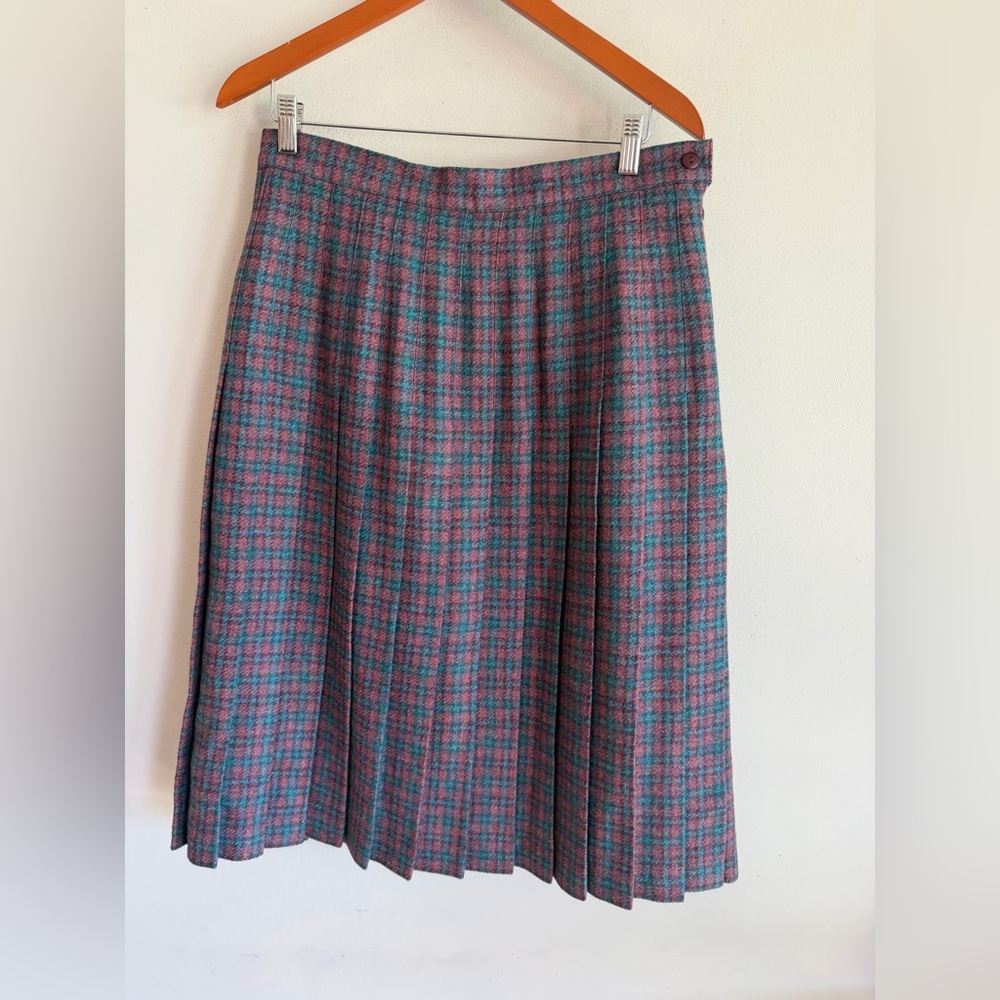 Dunedin Vintage Wool Plaid Pleated Midi Skirt Made in Scotland Purple Teal Sz 18